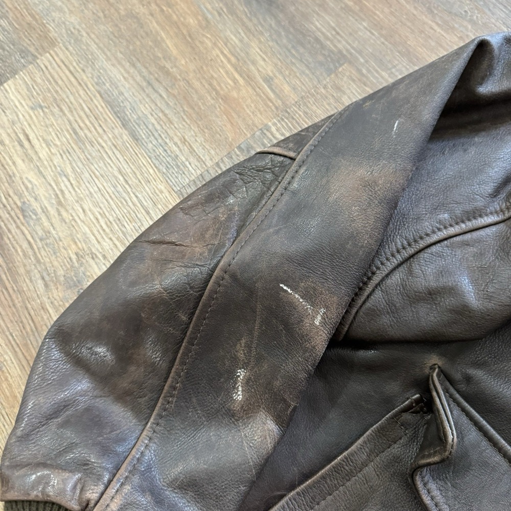 VTG Mens Shop Brown Leather Jacket Distressed Sz L Bomber Classic Trendy Flight - Picture 4 of 8